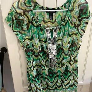 INC International Concepts Green and White Graphic Cap Sleeve Blouse